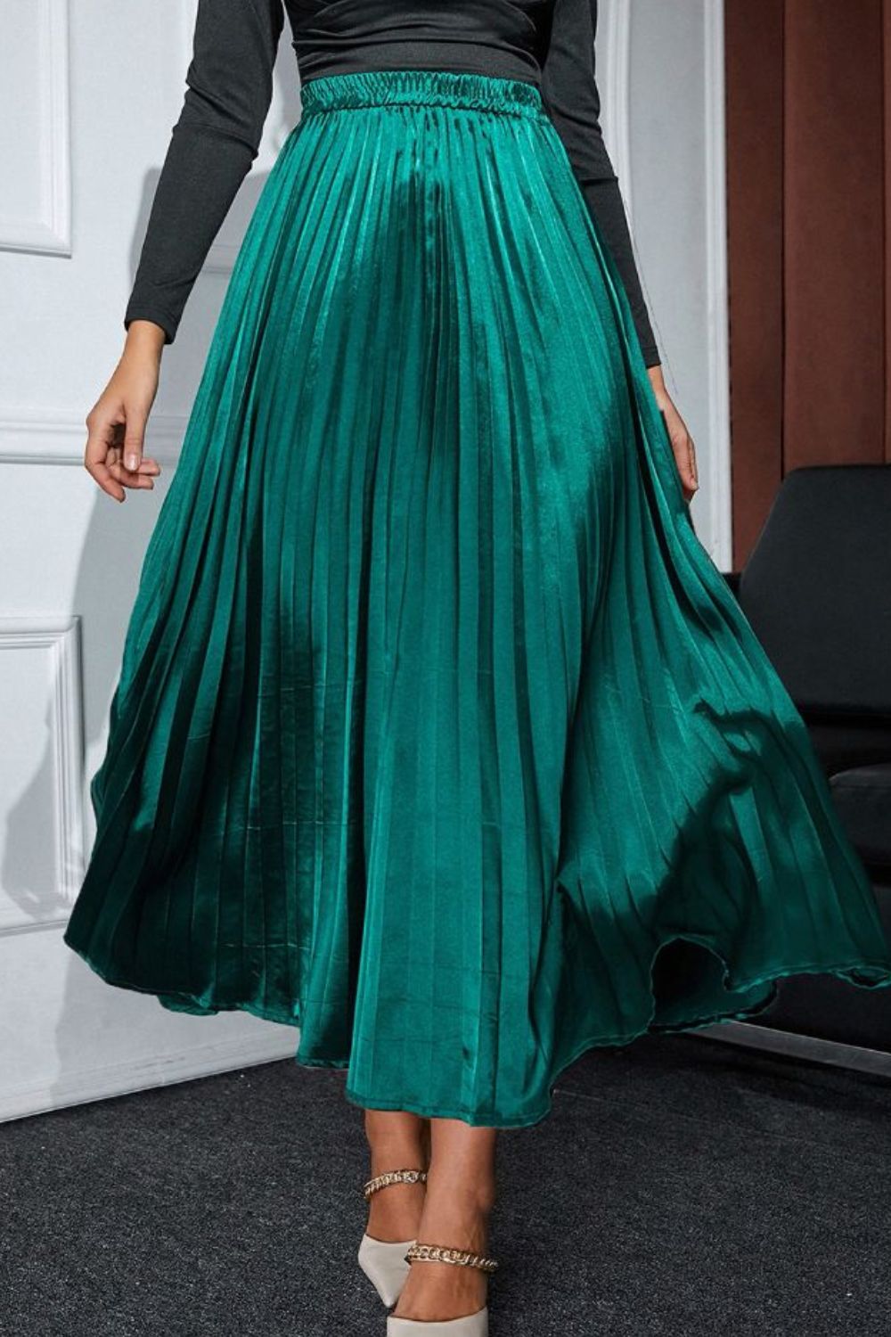 Elastic Waist Pleated Midi Skirt Deep Teal