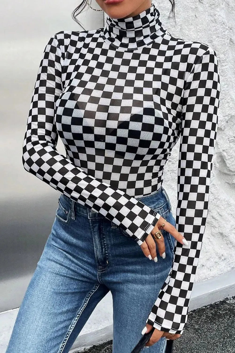 Checkered Turtleneck Long Sleeve Bodysuit Black