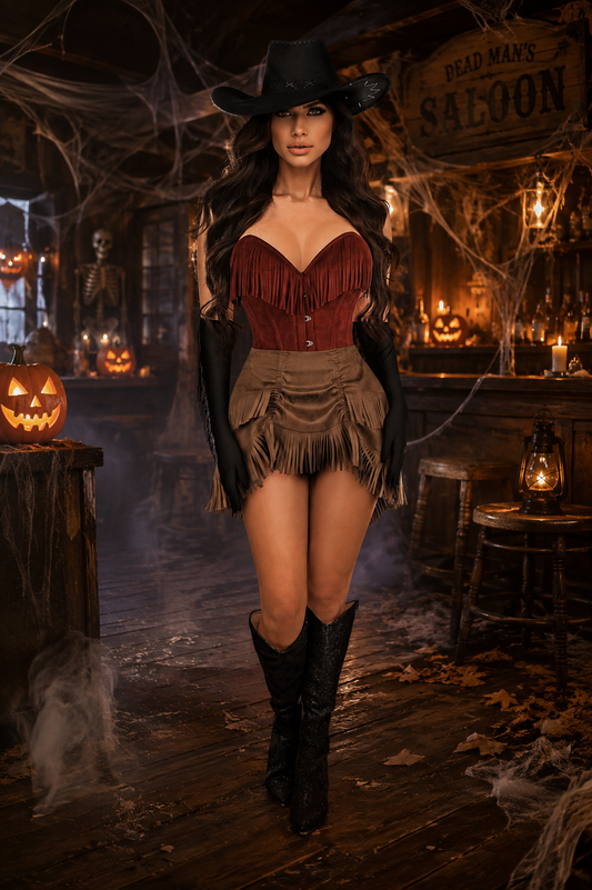 Top Drawer 4 Piece Premium Red Suede Fringe Cowgirl Corset Costume