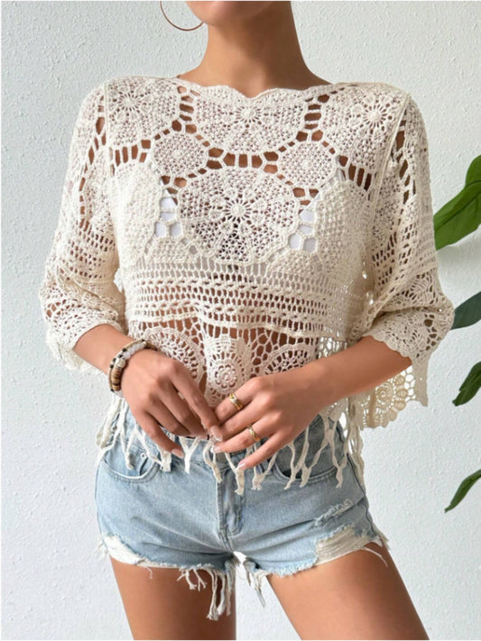 Openwork Round Neck Cover-Up Dust Storm One Size