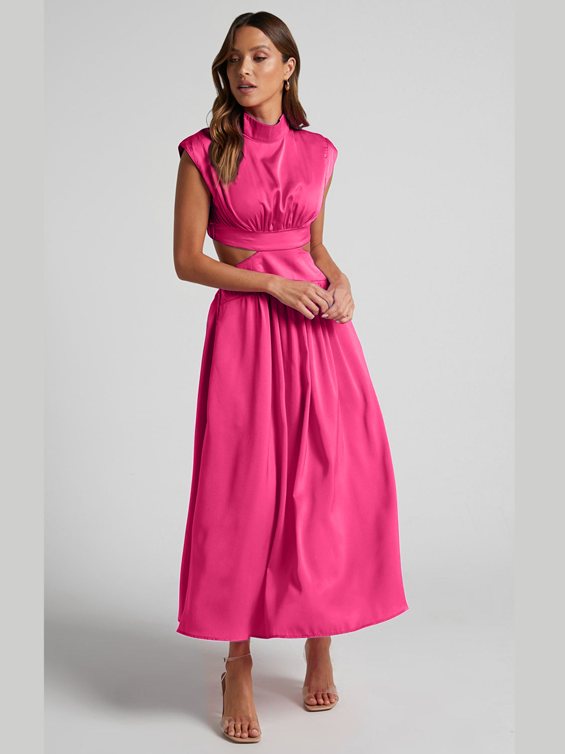 Cutout Mock Neck Sleeveless Ruched Dress Hot Pink