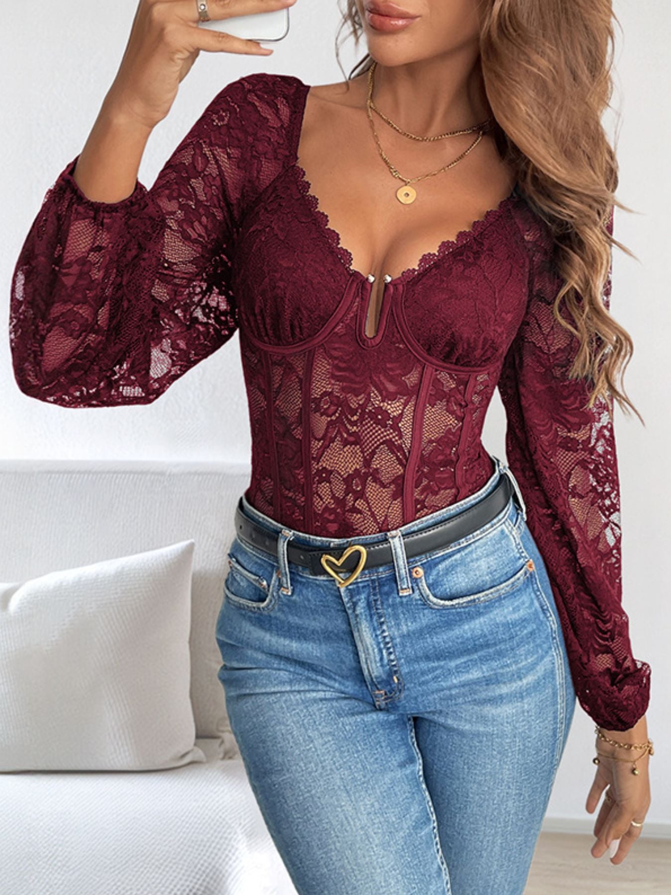 Lace Long Sleeve Bodysuit Burgundy