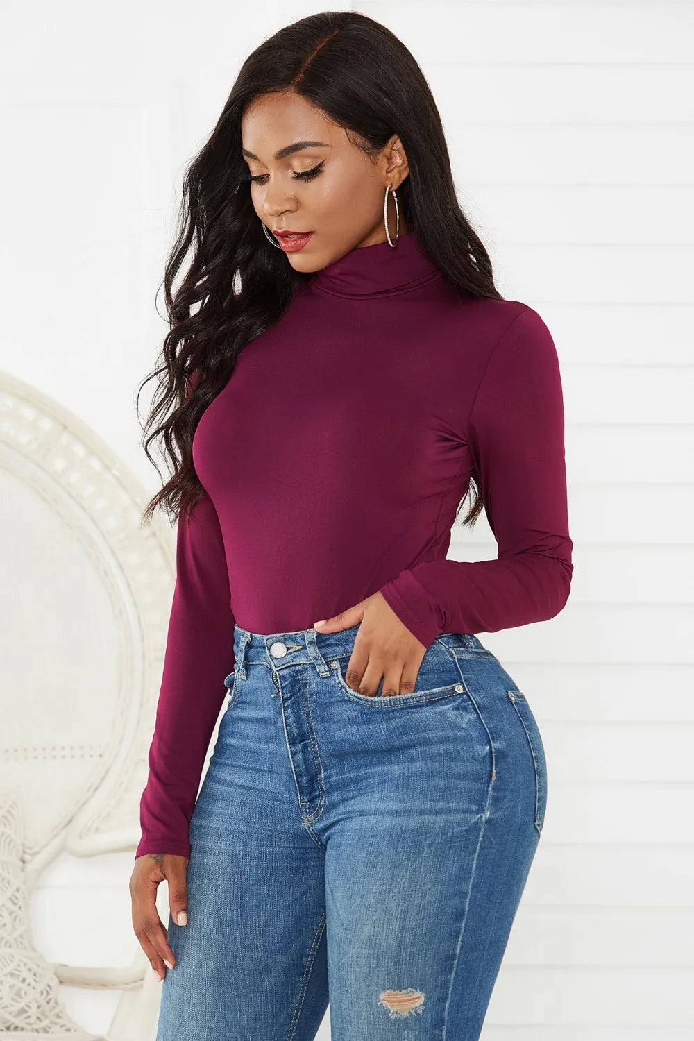 Turtleneck Long Sleeve Bodysuit Burgundy