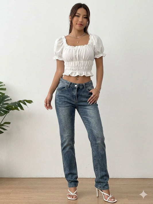 Frill Ruffled Hem Puff Sleeve Crop Blouse