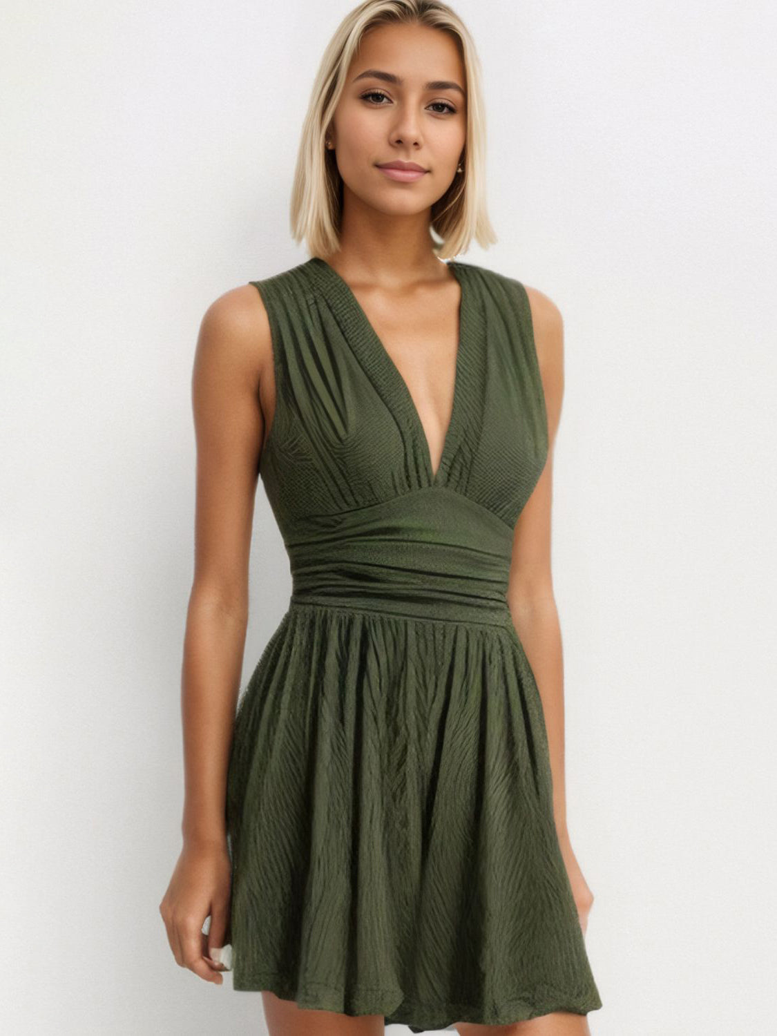 Ruched Plunge Sleeveless Romper Army Green