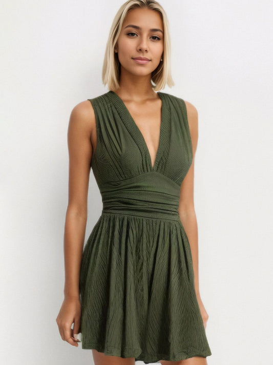 Ruched Plunge Sleeveless Romper Army Green