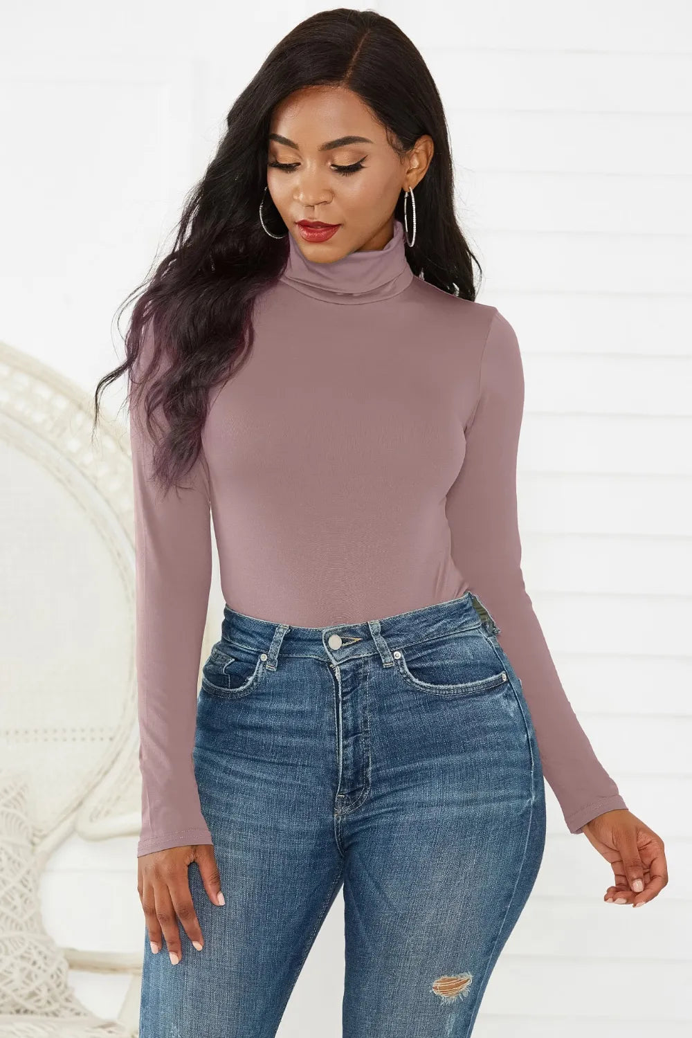 Turtleneck Long Sleeve Bodysuit Dusty Pink