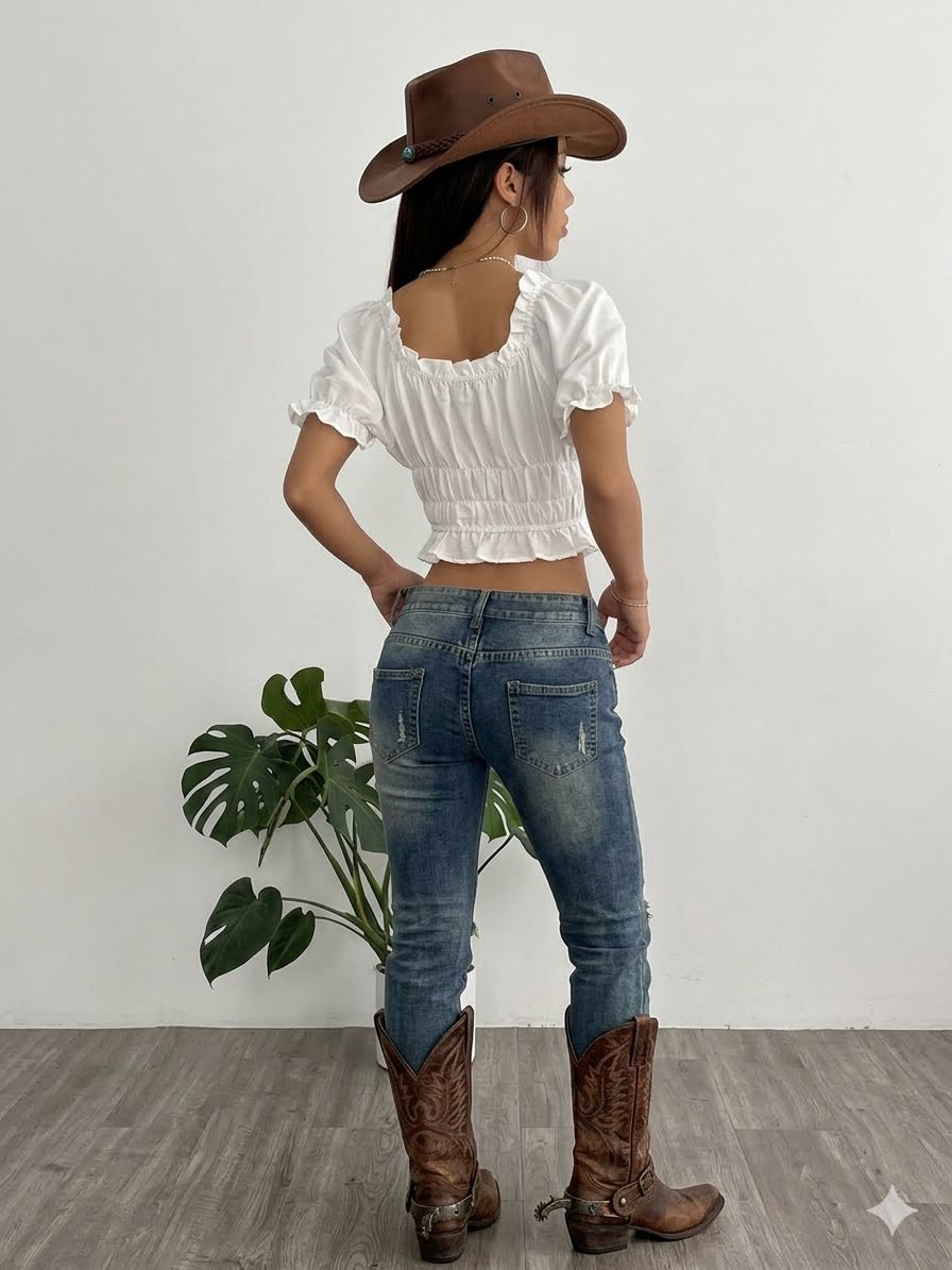 Frill Ruffled Hem Puff Sleeve Crop Blouse
