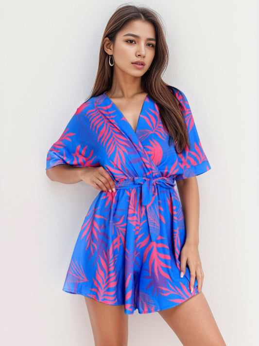 Printed Surplice Half Sleeve Romper Blue