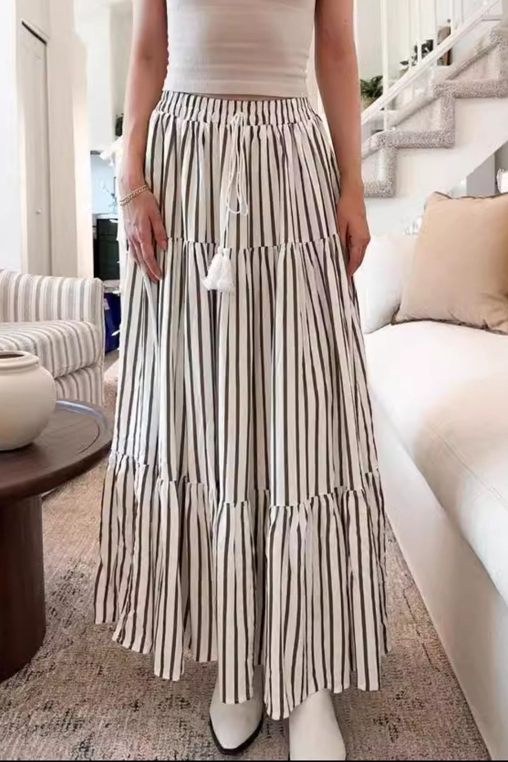 Tied Striped Maxi Skirt Beige