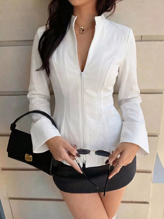Zip Up Long Sleeve Top Ivory