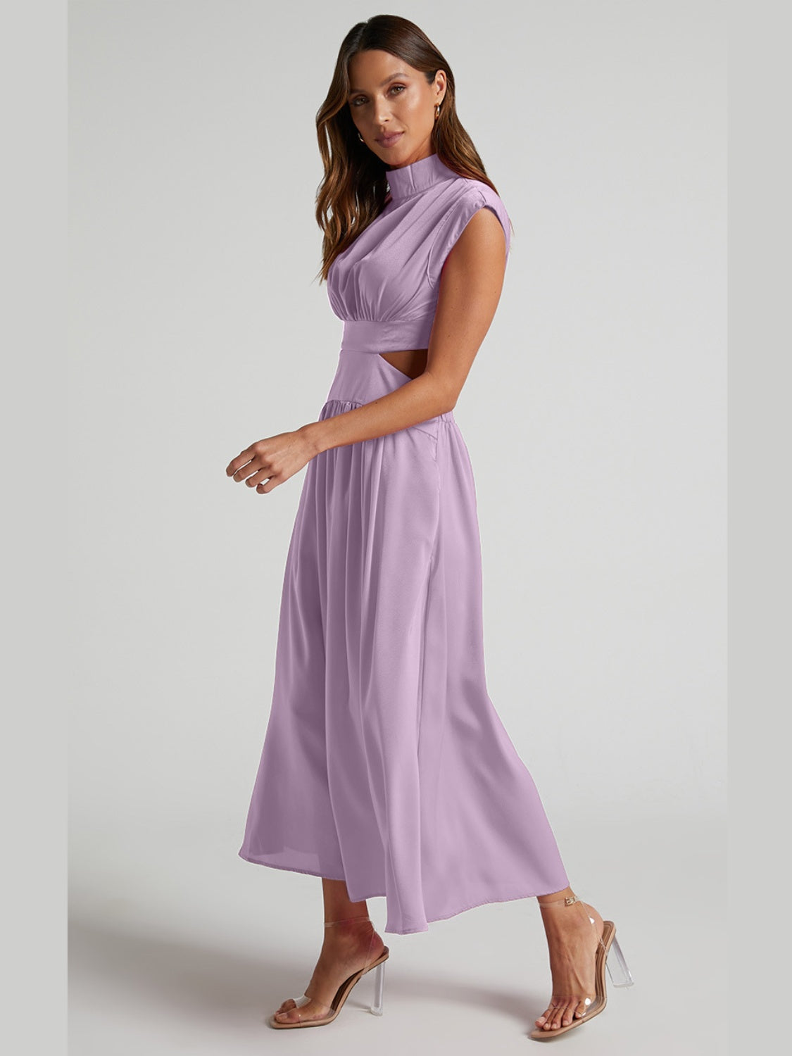 Cutout Mock Neck Sleeveless Ruched Dress