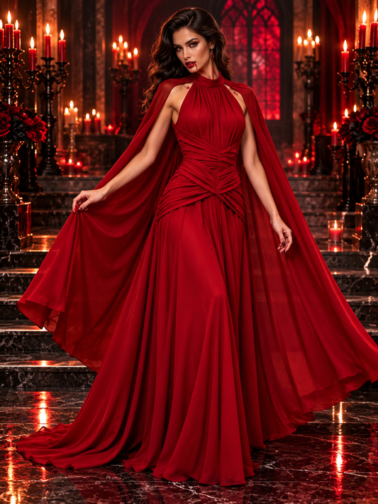 Ruched Halter Neck Cape Vampire Dress