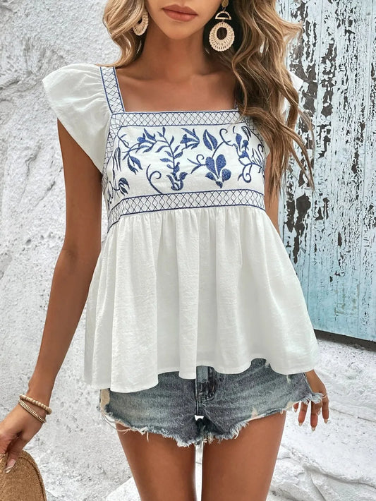 Embroidered Square Neck Cap Sleeve Blouse White