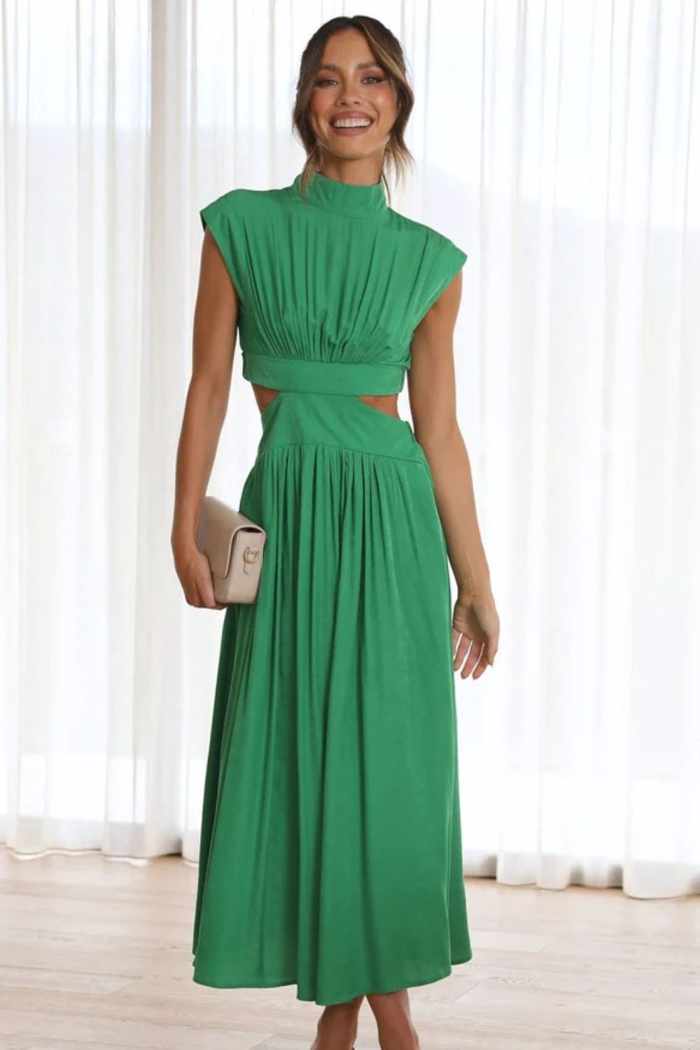 Cutout Mock Neck Sleeveless Ruched Dress Green