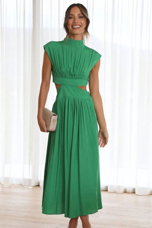 Cutout Mock Neck Sleeveless Ruched Dress Green