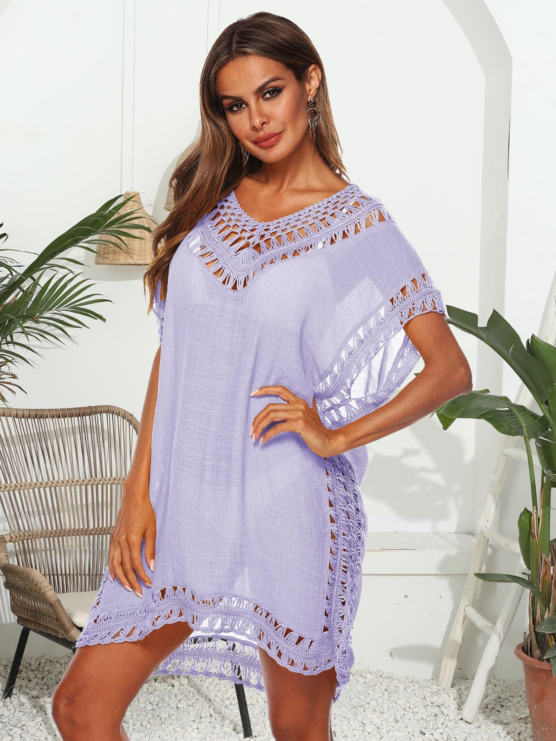 Pretty Short Sleeve Cover Up Lavender One Size