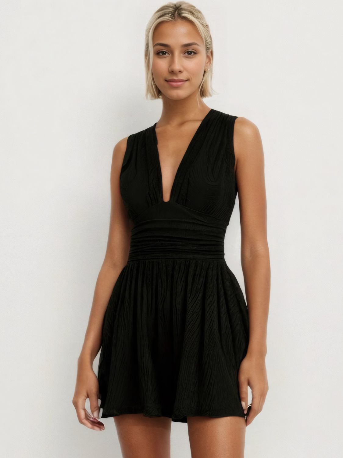 Ruched Plunge Sleeveless Romper Black