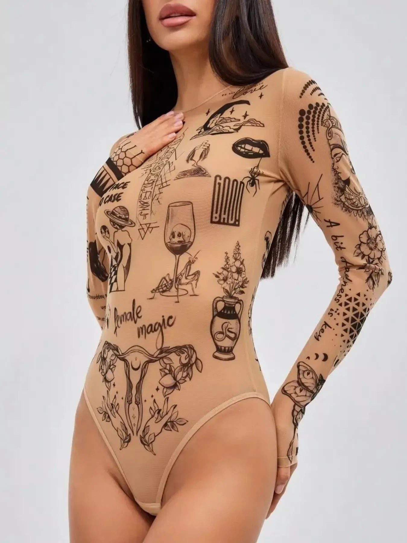 Printed Long Sleeve Bodysuit Tan