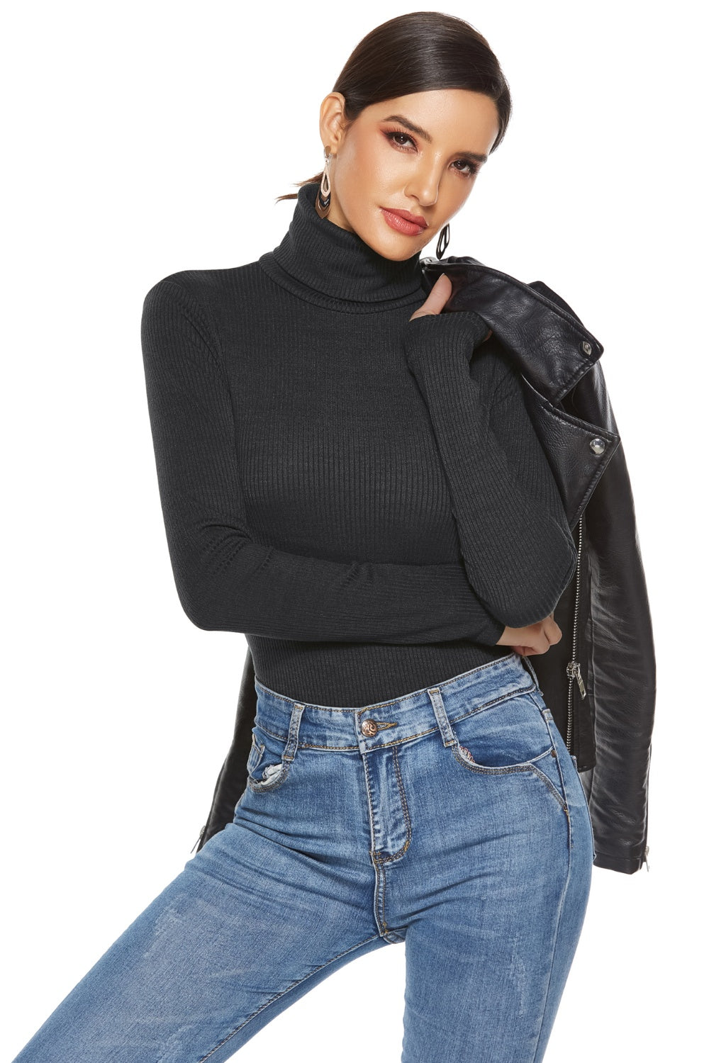 Ribbed Turtleneck Long Sleeve Bodysuit Black