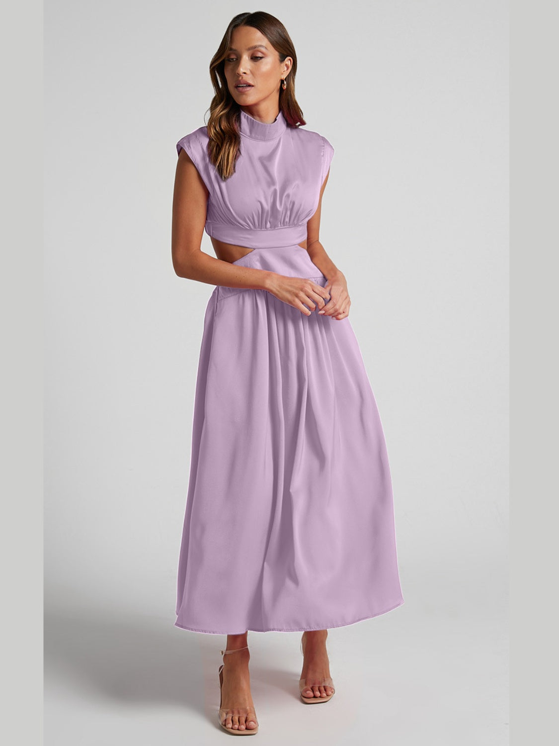 Cutout Mock Neck Sleeveless Ruched Dress Lavender