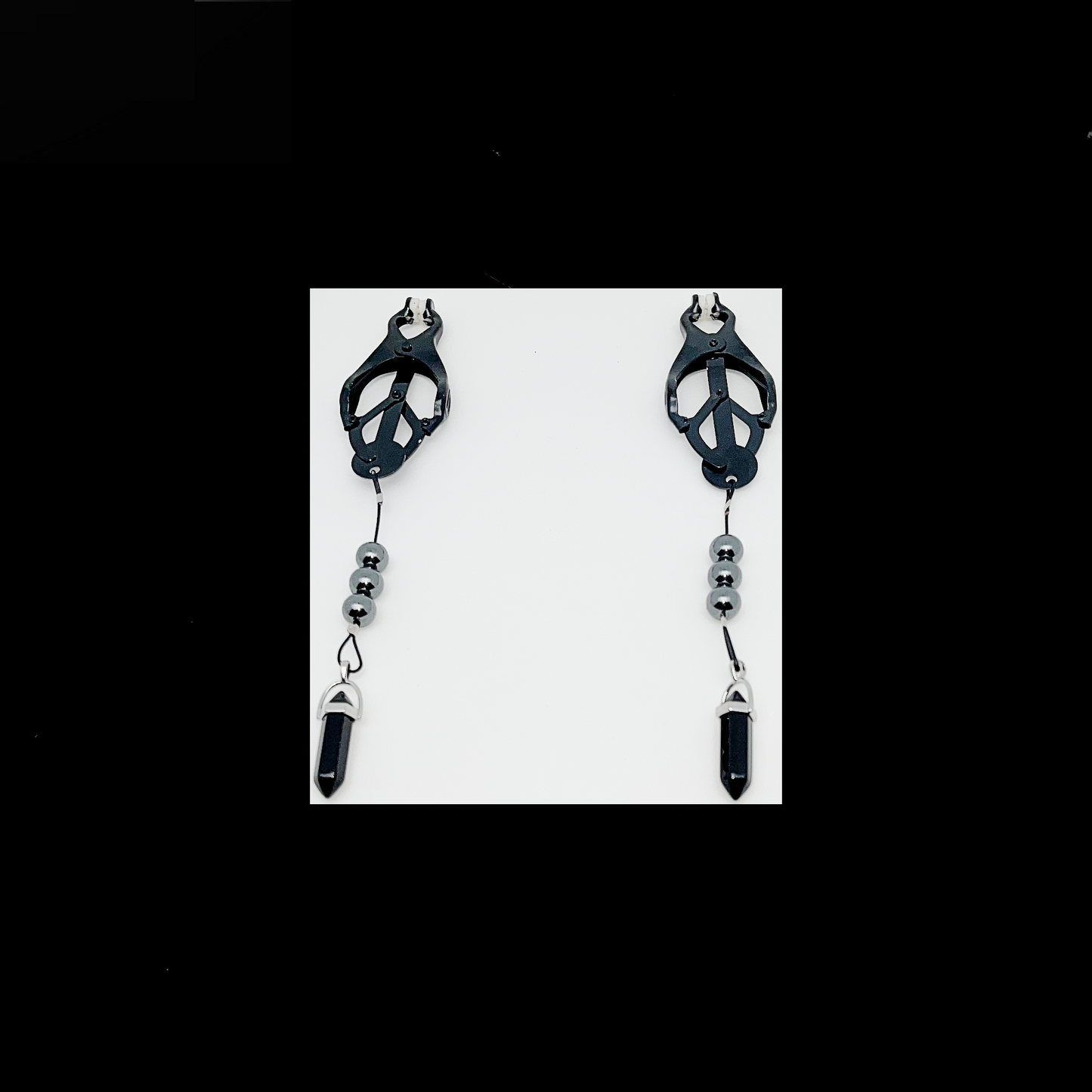 Cameroon Nipple Clamps with Natural Hematite Beads and Quartz Crystal Pendants