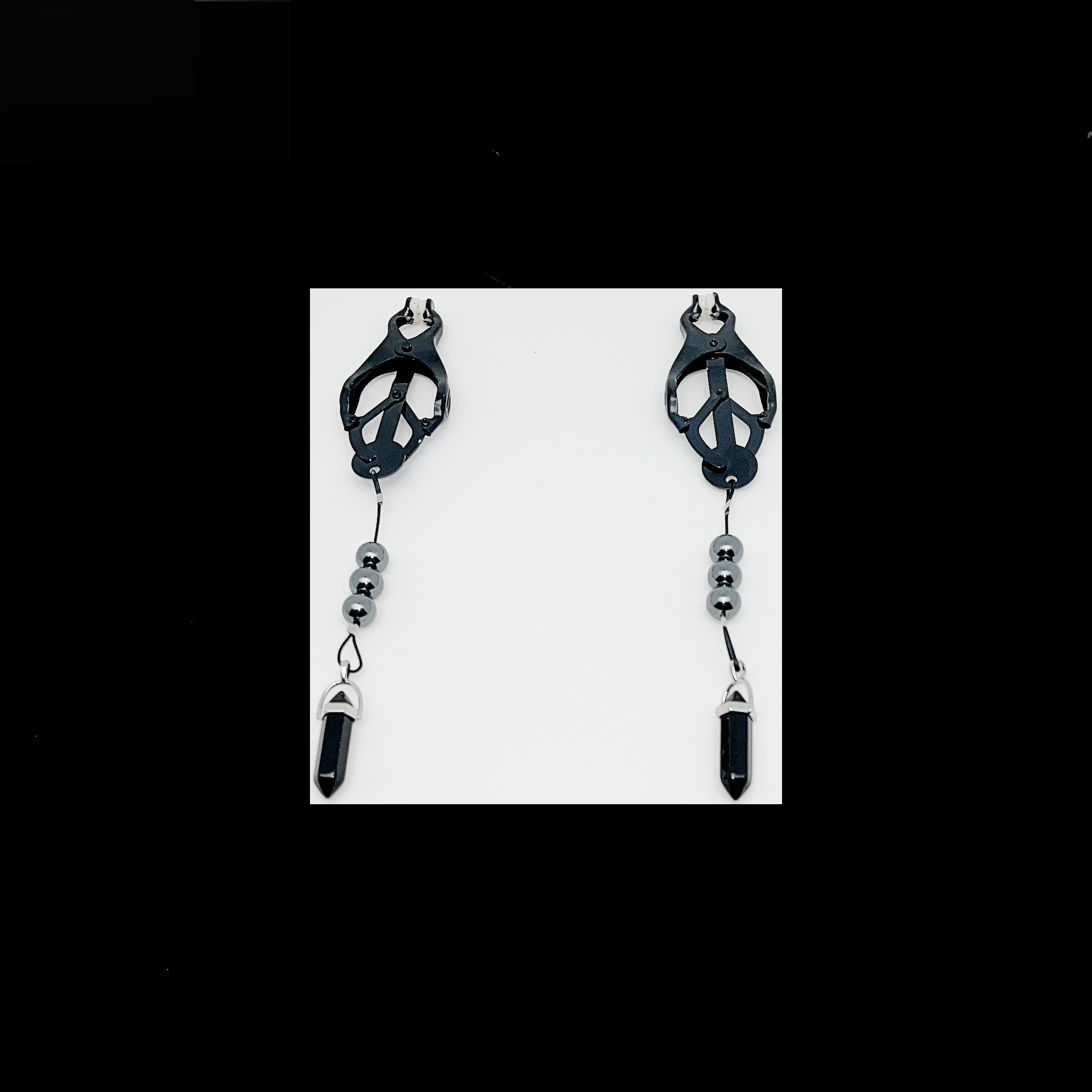 Cameroon Nipple Clamps with Natural Hematite Beads and Quartz Crystal Pendants
