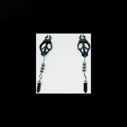 Cameroon Nipple Clamps with Natural Hematite Beads and Quartz Crystal Pendants