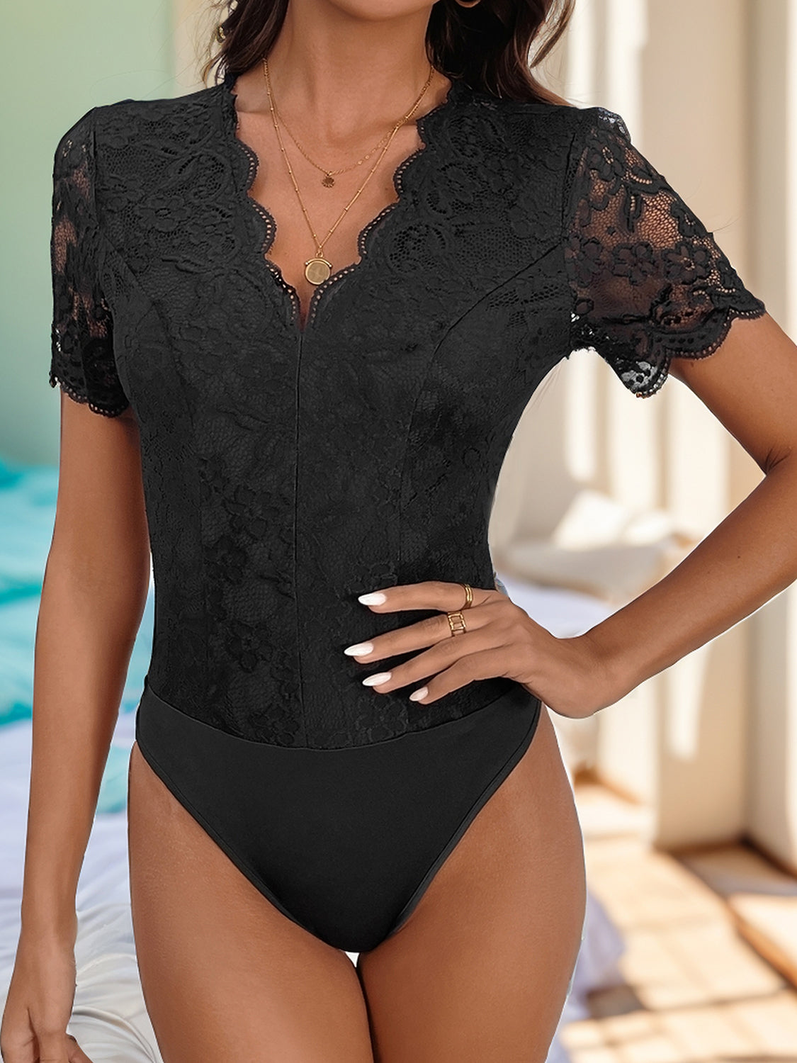 Perfee V-Neck Short Sleeve Lace Bodysuit Black