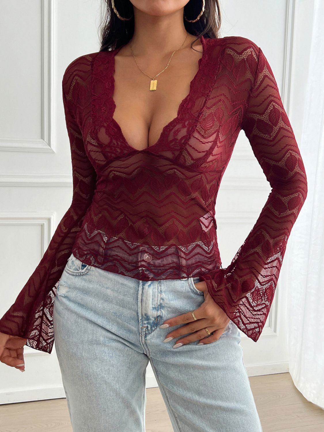 Devine Plunge Long Sleeve Lace Top Burgundy