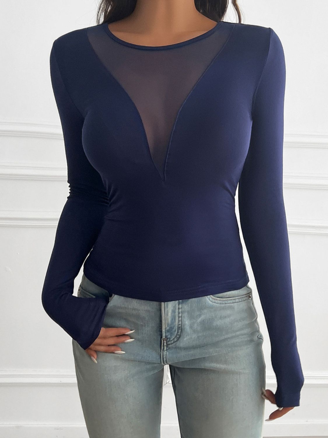 Devine Round Neck Long Sleeve T-Shirt Dark Blue