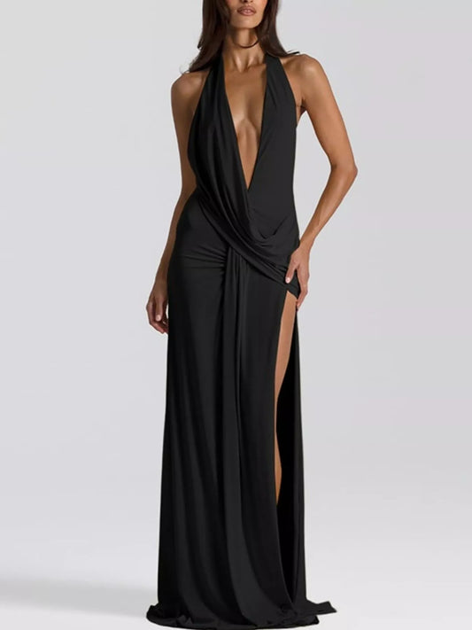 Split Backless Halter Neck Maxi Dress Black