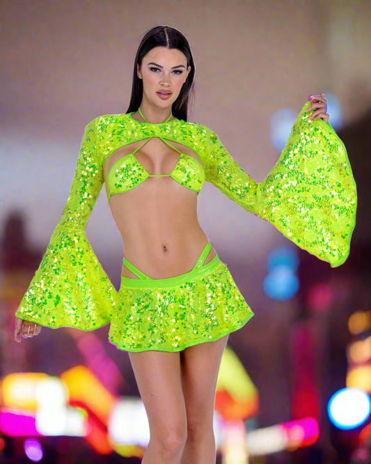 Festival Bell Sleeve Shrug with Sequins by ROMA in Neon Yellow in Size S/M, M/L, L/XL