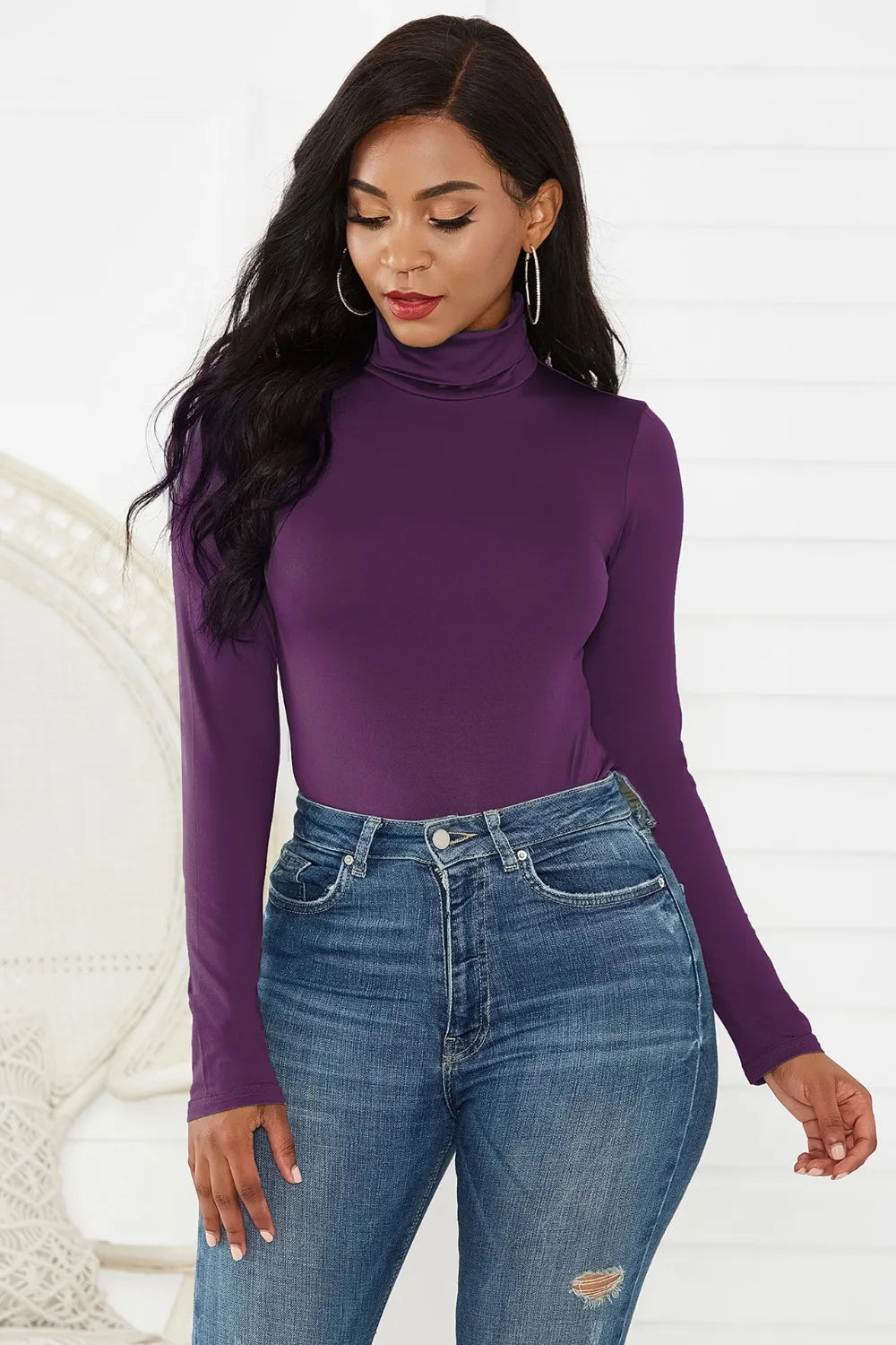 Turtleneck Long Sleeve Bodysuit Deep Purple