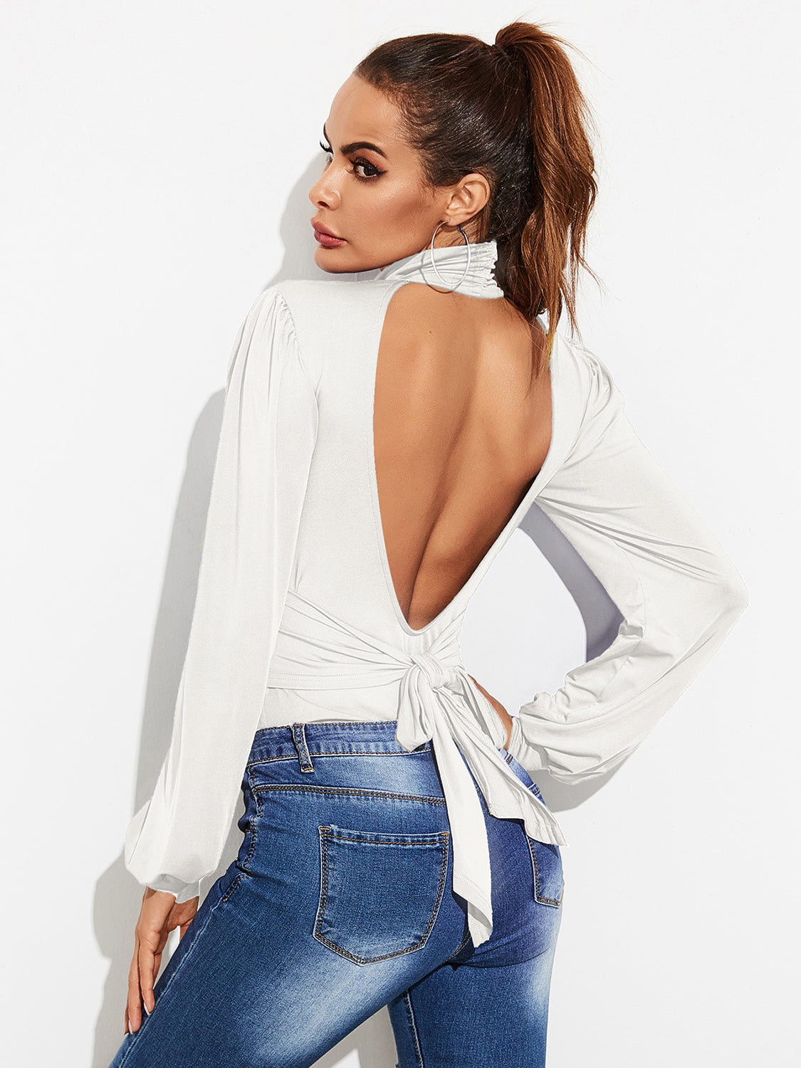 Backless Tie-Waist Turtleneck Lantern Sleeve Bodysuit White