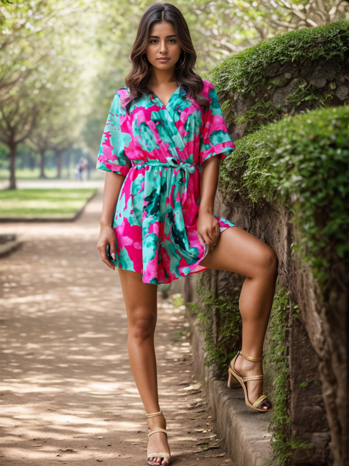 Printed Surplice Half Sleeve Romper Turquoise