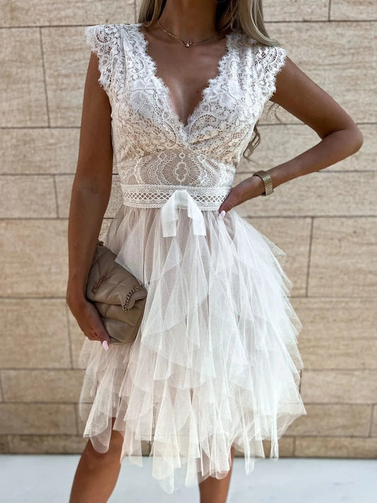 Lace V-Neck Ruffle Dress White