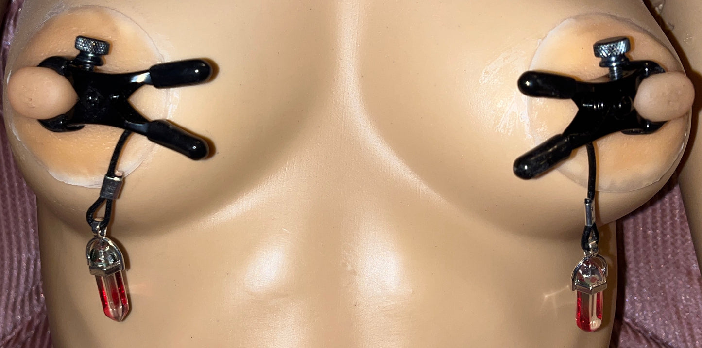 Adjustable Bull Nose Nipple Clamps with Red, Green, and Clear Pendants