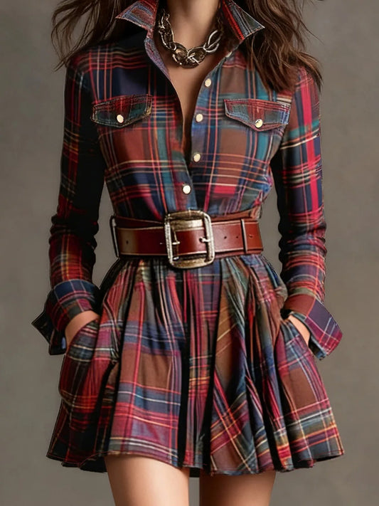 Plaid Long Sleeve Shirt Dress Plaid