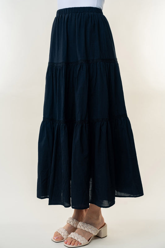 White Birch High Waisted Tiered Maxi Skirt Black