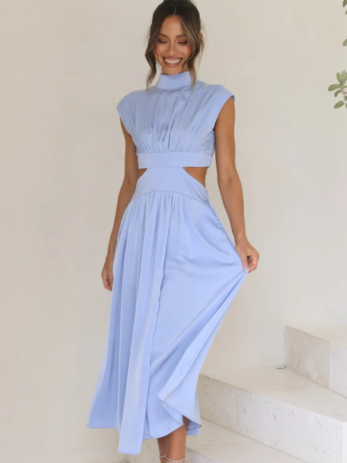 Cutout Mock Neck Sleeveless Ruched Dress Light Blue