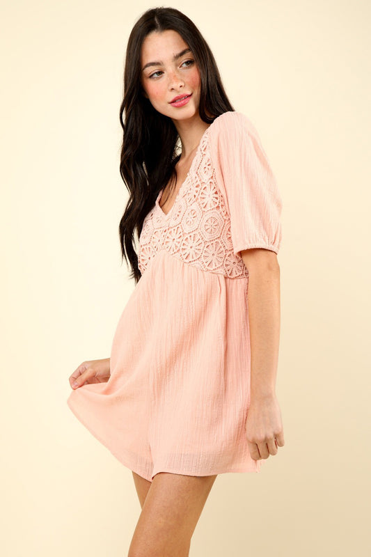 VERY J Lace Detail Puff Sleeve Romper with Pockets Blush