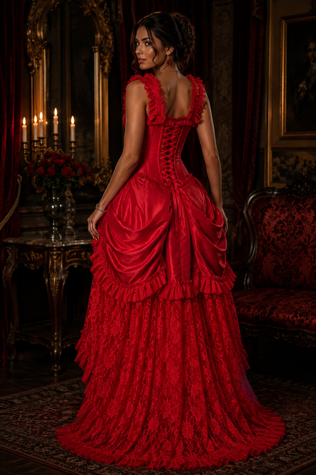 Red Lace Victorian Bustle Corset Dress