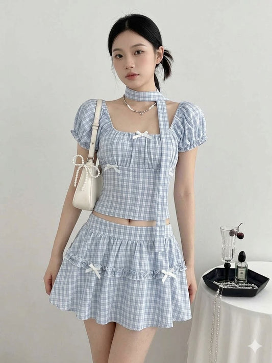 Plaid Puff Sleeve Blouse and Skirt Set
