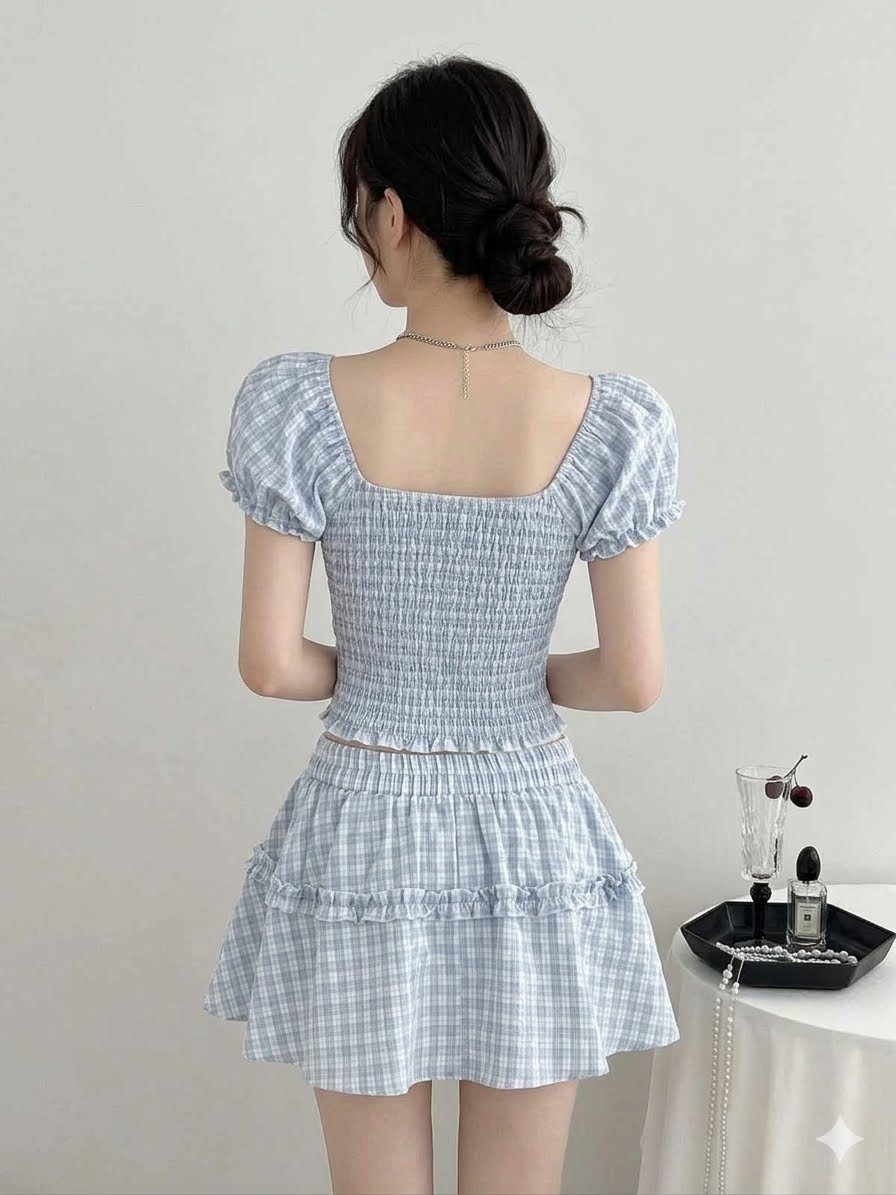 Plaid Puff Sleeve Blouse and Skirt Set
