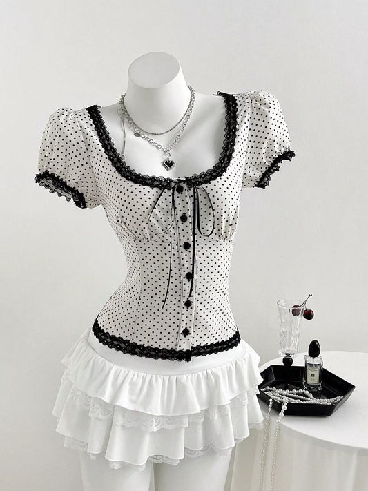 Polka Dot Lace Trim Puff Sleeve Top Beige
