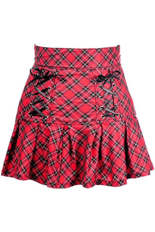 Daisy Corsets Red Plaid Lace Up Stretch Lycra Skirt in Size S, M, L, XL, 2X, 3X, 4X, 5X, or 6X