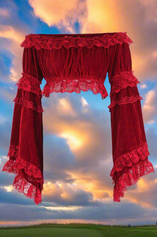 Red Velvet Smocked Flare Sleeve Peasant Top