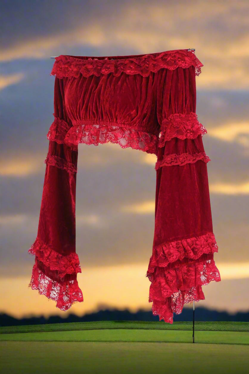 Red Velvet Smocked Flare Sleeve Peasant Top