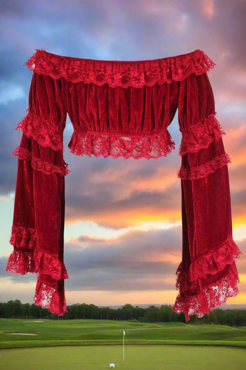 Red Velvet Smocked Flare Sleeve Peasant Top